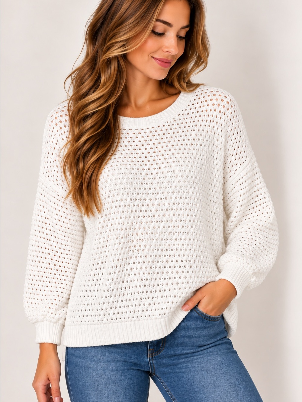 Reitmans White Open Knit Oversized Sweater – Medium